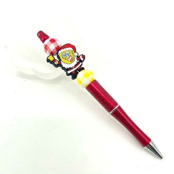 SpongeBob Christmas Santa pen handmade NEW bell yellow red glitter metallic whit - Picture 1 of 5